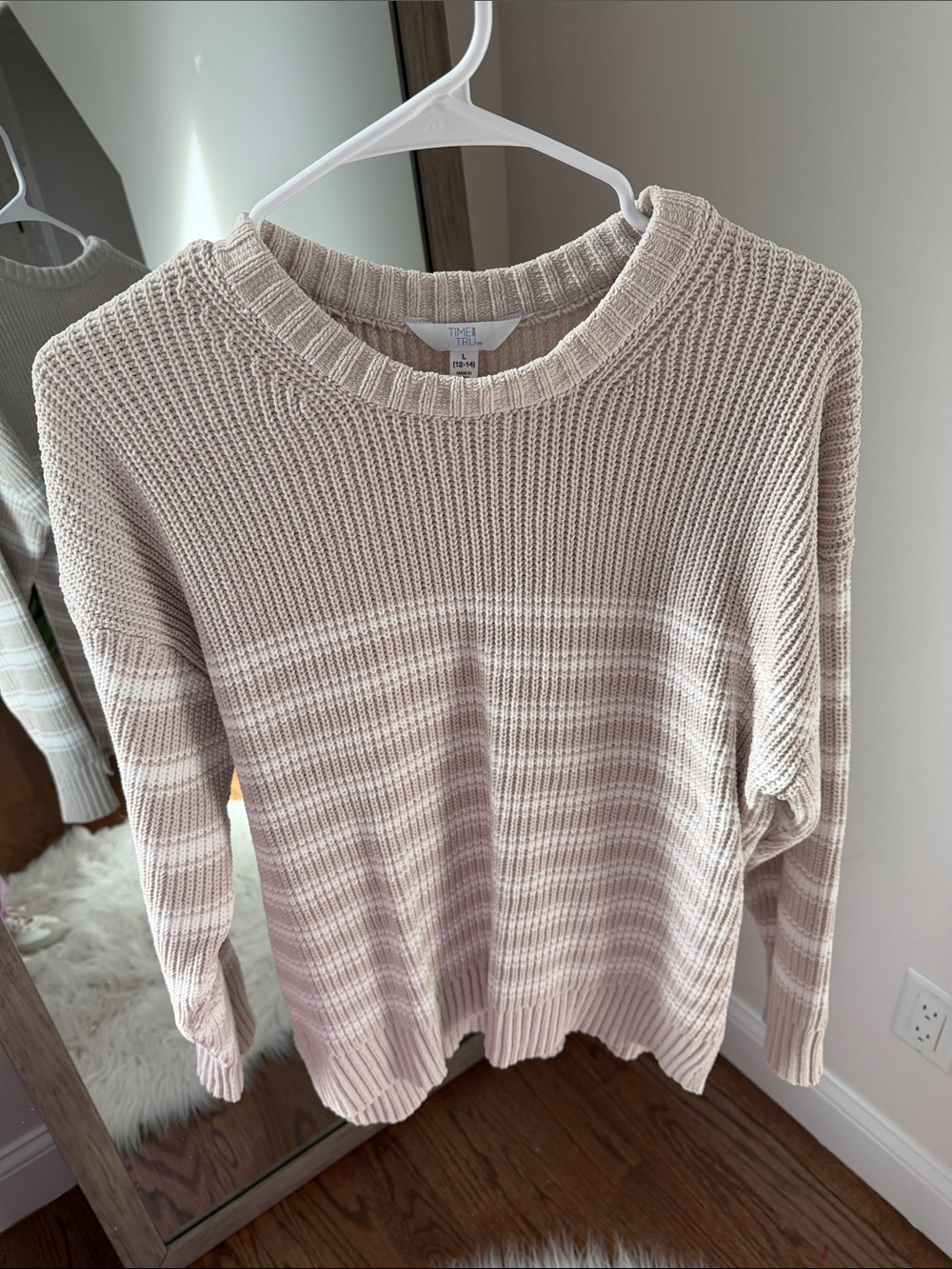 Time and Tru Cream Striped Crewneck Sweater